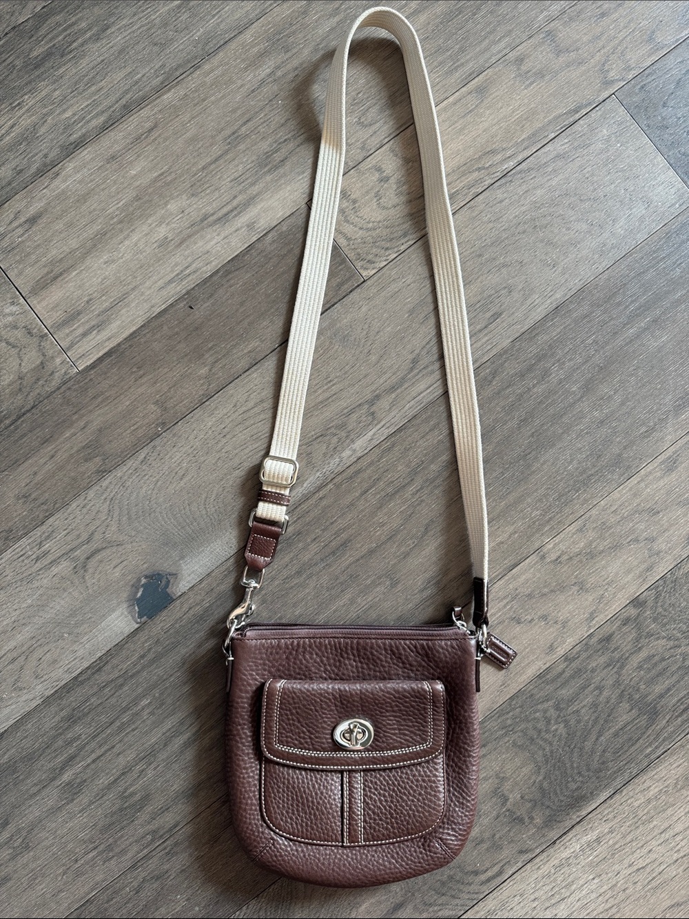 Coach Brown Pebbled Leather Messenger Crossbody with Cream Strap
